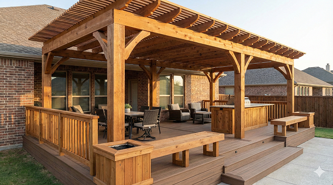 Cedar pergola with composite deck and built-in planters at Houston home — Iconic Upscale