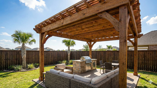 Freestanding cedar pergola with outdoor kitchen island and seating — Iconic Upscale Houston