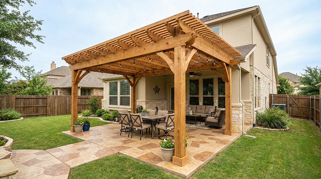 Attached cedar pergola over outdoor dining patio in Houston Texas — Iconic Upscale