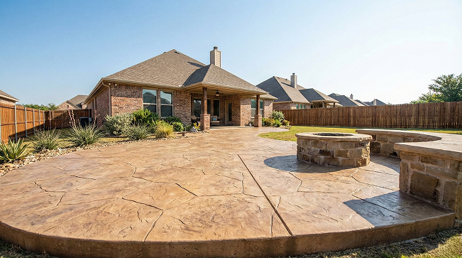 Large stamped concrete patio with masonry fire pit at Houston Texas home — Iconic Upscale