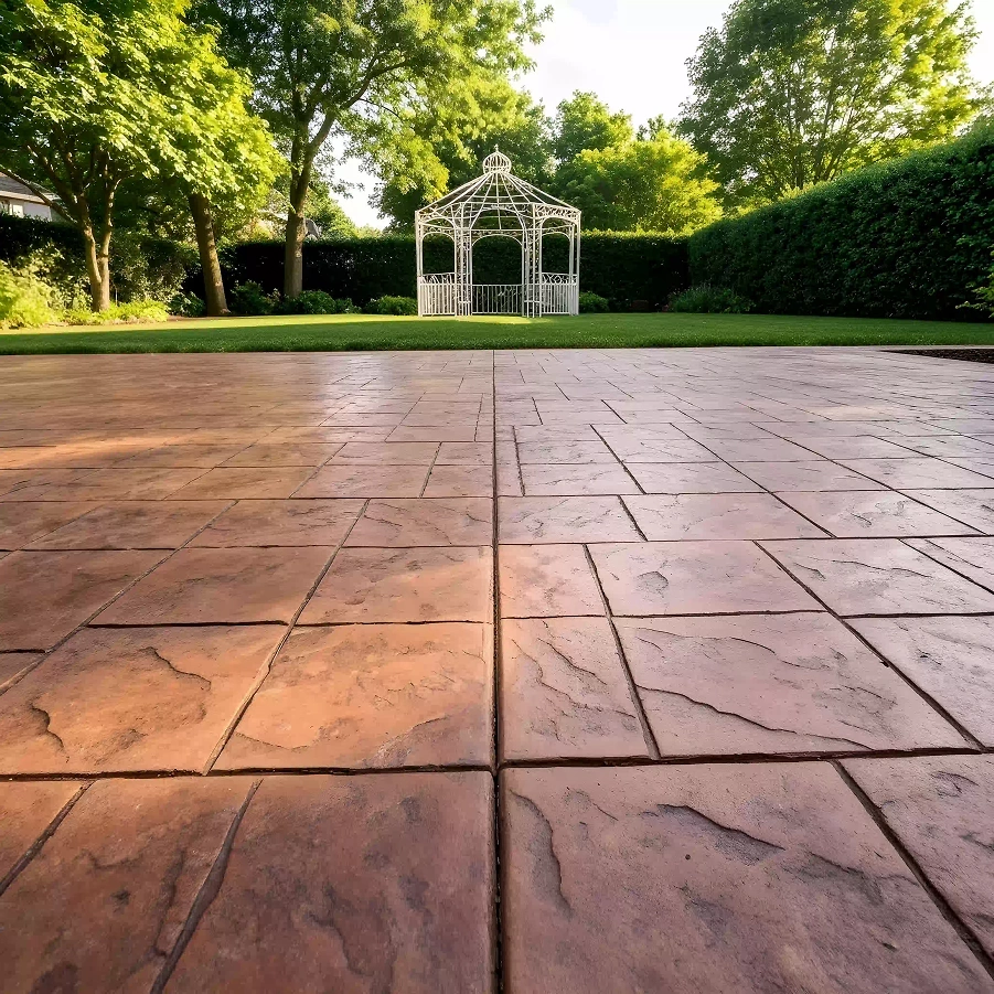 Stamped concrete patio with ashlar slate pattern in warm brown tones — Iconic Upscale Houston