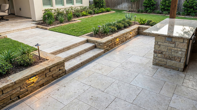 Custom hardscaping and masonry patio with stone retaining walls — Iconic Upscale Houston Texas