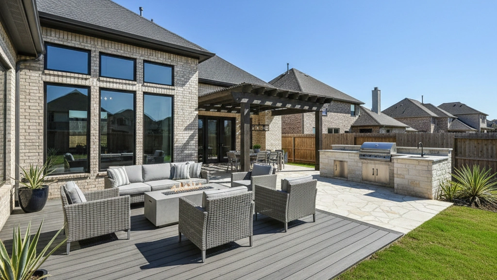 Luxury outdoor living with pergola composite deck and outdoor kitchen — Iconic Upscale Houston TX