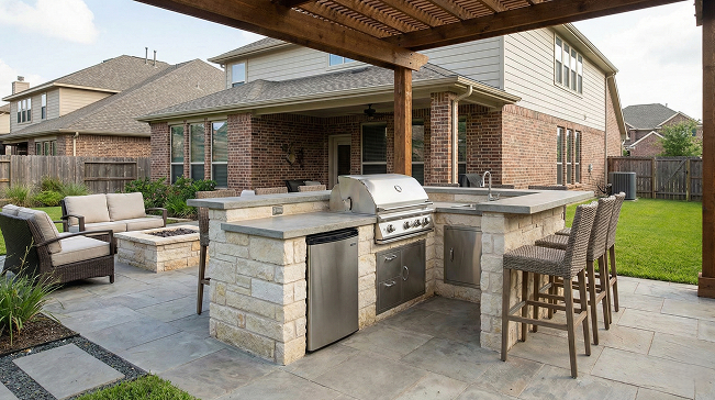 L-shaped outdoor kitchen with grill and bar seating installed in Houston home — Iconic Upscale