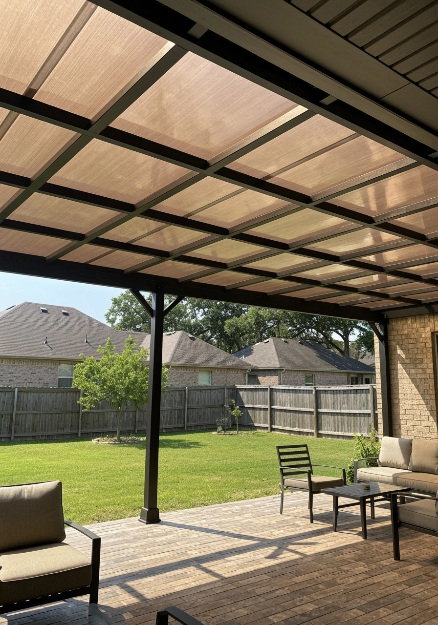 Polycarbonate clear roof patio cover with aluminum framing — Iconic Upscale Houston Texas