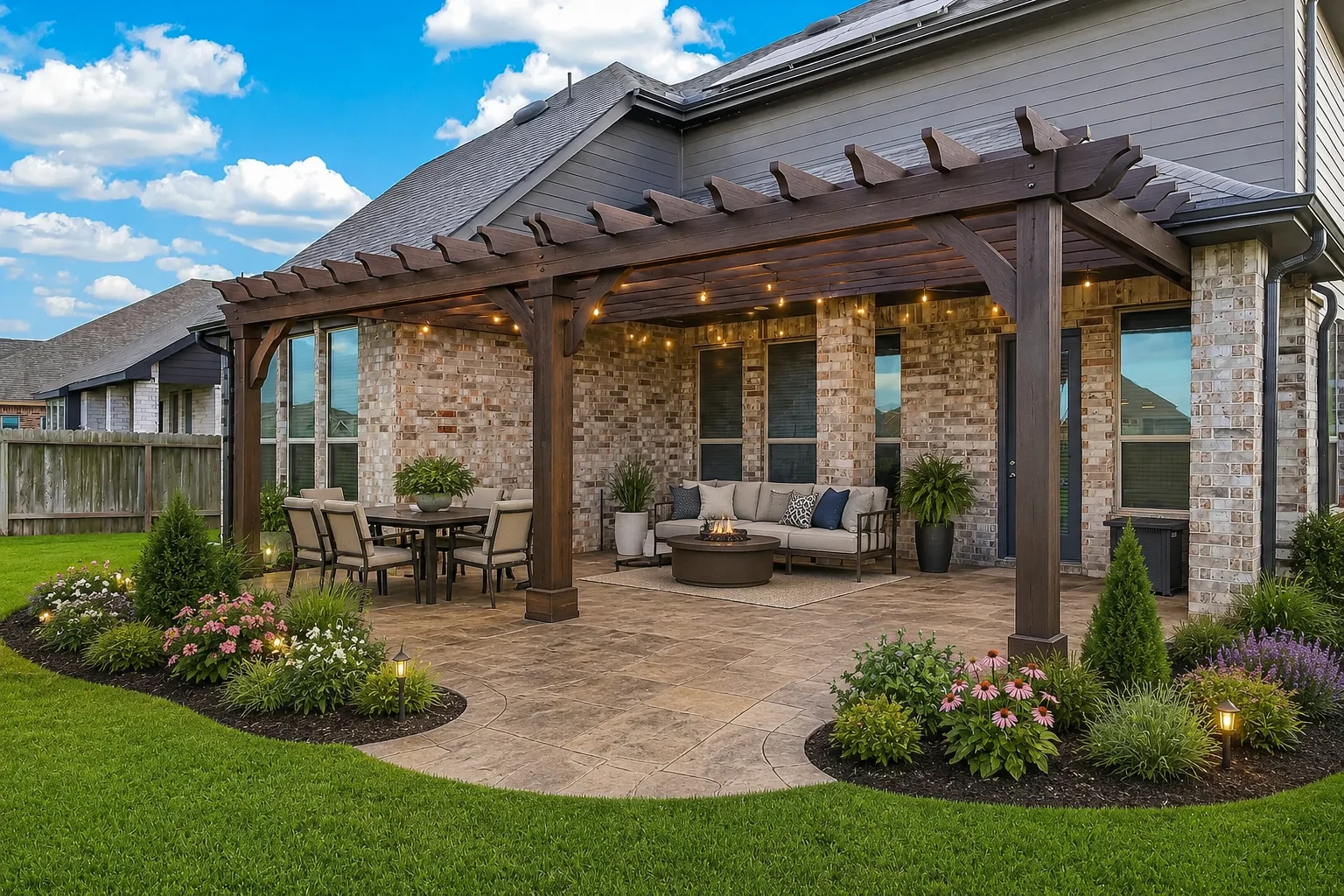 Pergola with Stamped Concrete Patio in Greater Houston