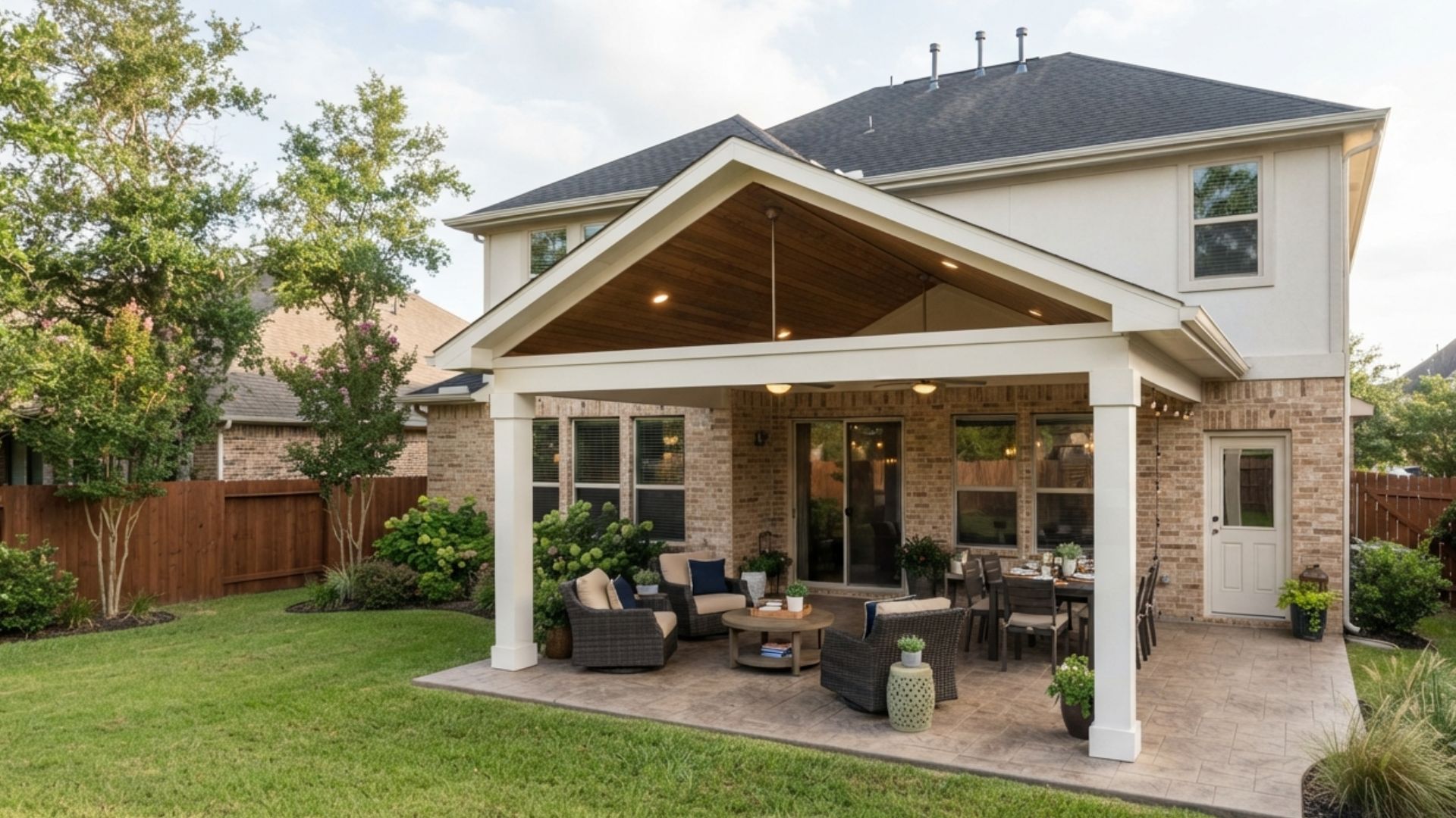 Finished backyard patio in Katy, Texas, featuring an integrated gabled patio cover, wood ceiling, ceiling fans, outdoor living seating area, and complete landscaping.