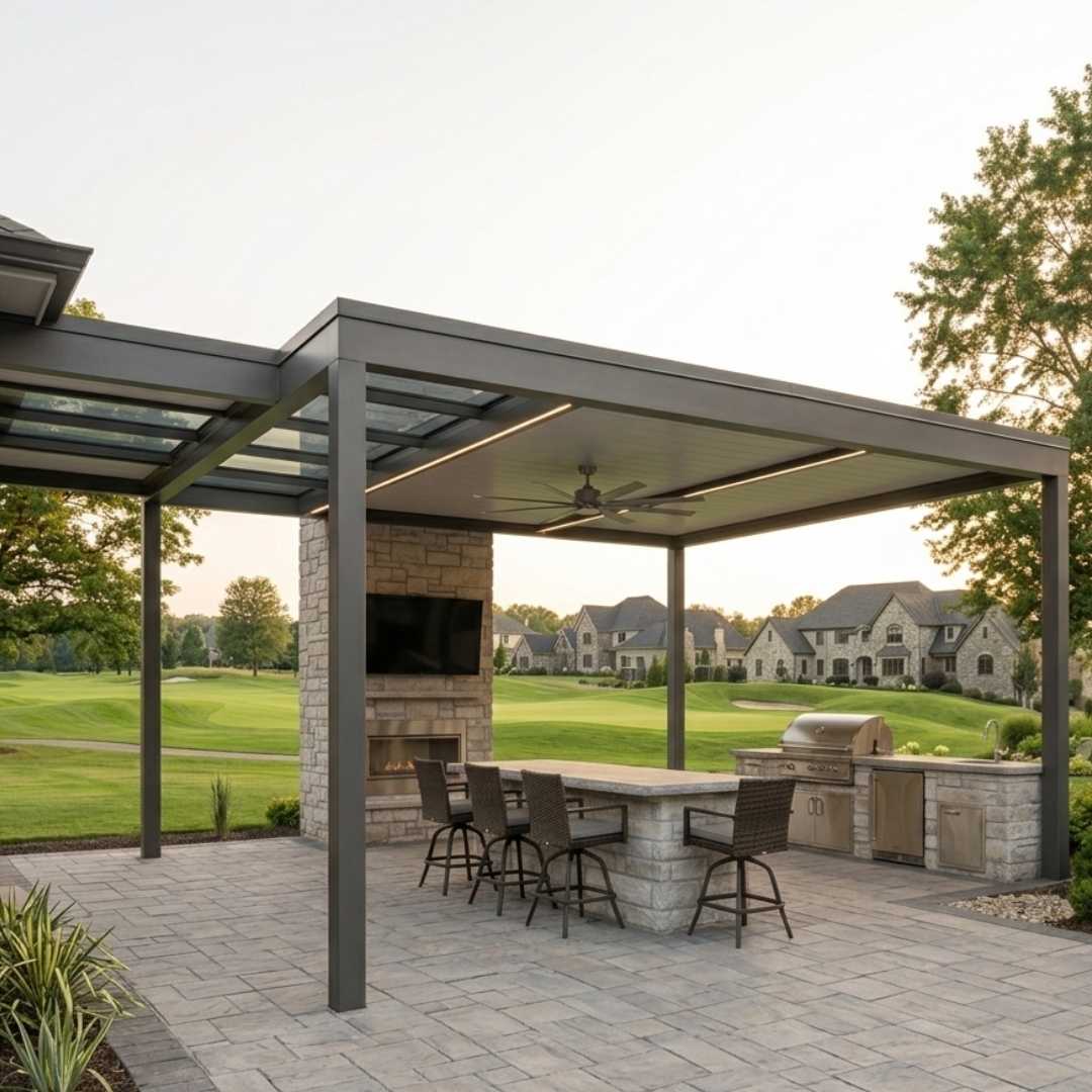 Clean-Line custom patio cover featuring a translucent multiwall polycarbonate roof, modern dark metal frame, outdoor ceiling fan, and built-in stone kitchen in a Bridgeland home.