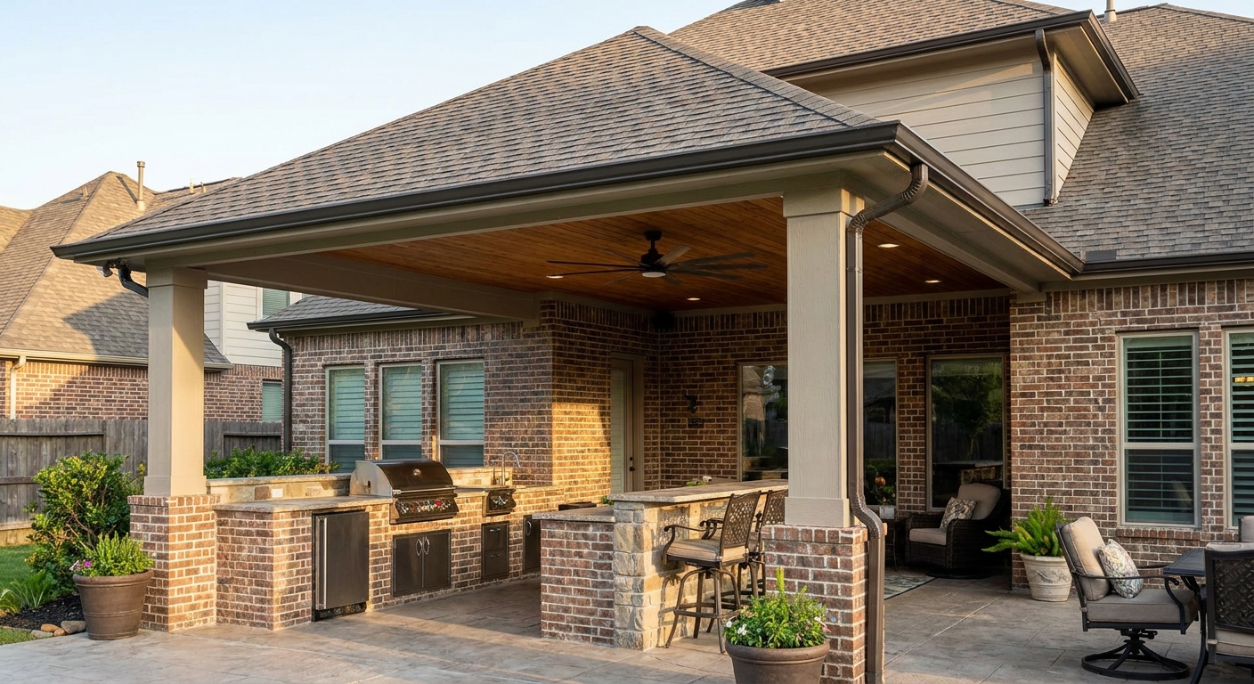 Custom covered patio with built-in outdoor kitchen, brick and stone finishes, matching roof shingles, cedar ceiling, ceiling fan, recessed lighting, and finished patio space.