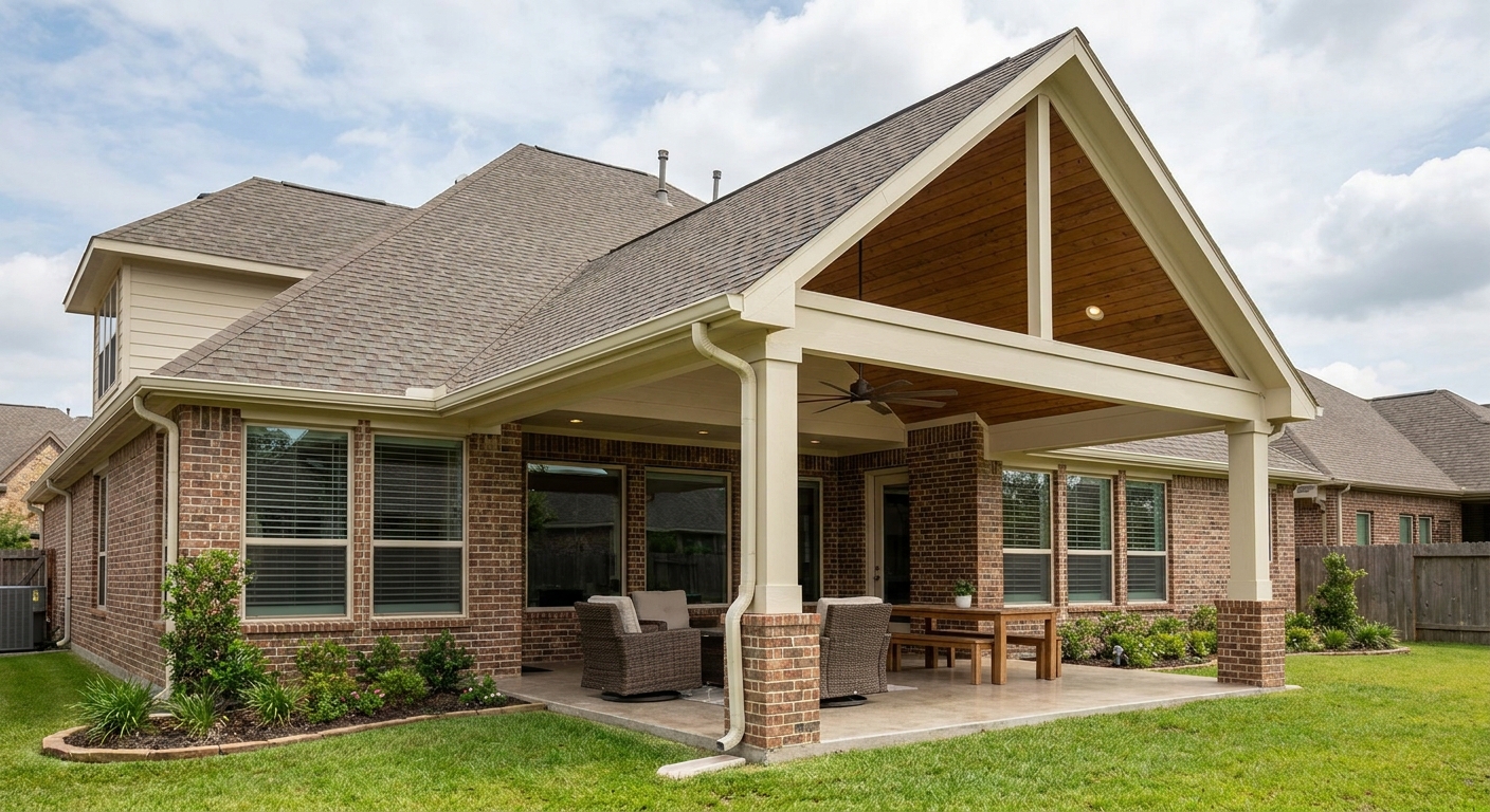 HOA-friendly gable patio cover designed to match a Houston brick home with matching roofline, shingles, gutters, cedar ceiling, ceiling fan, and brick column bases.