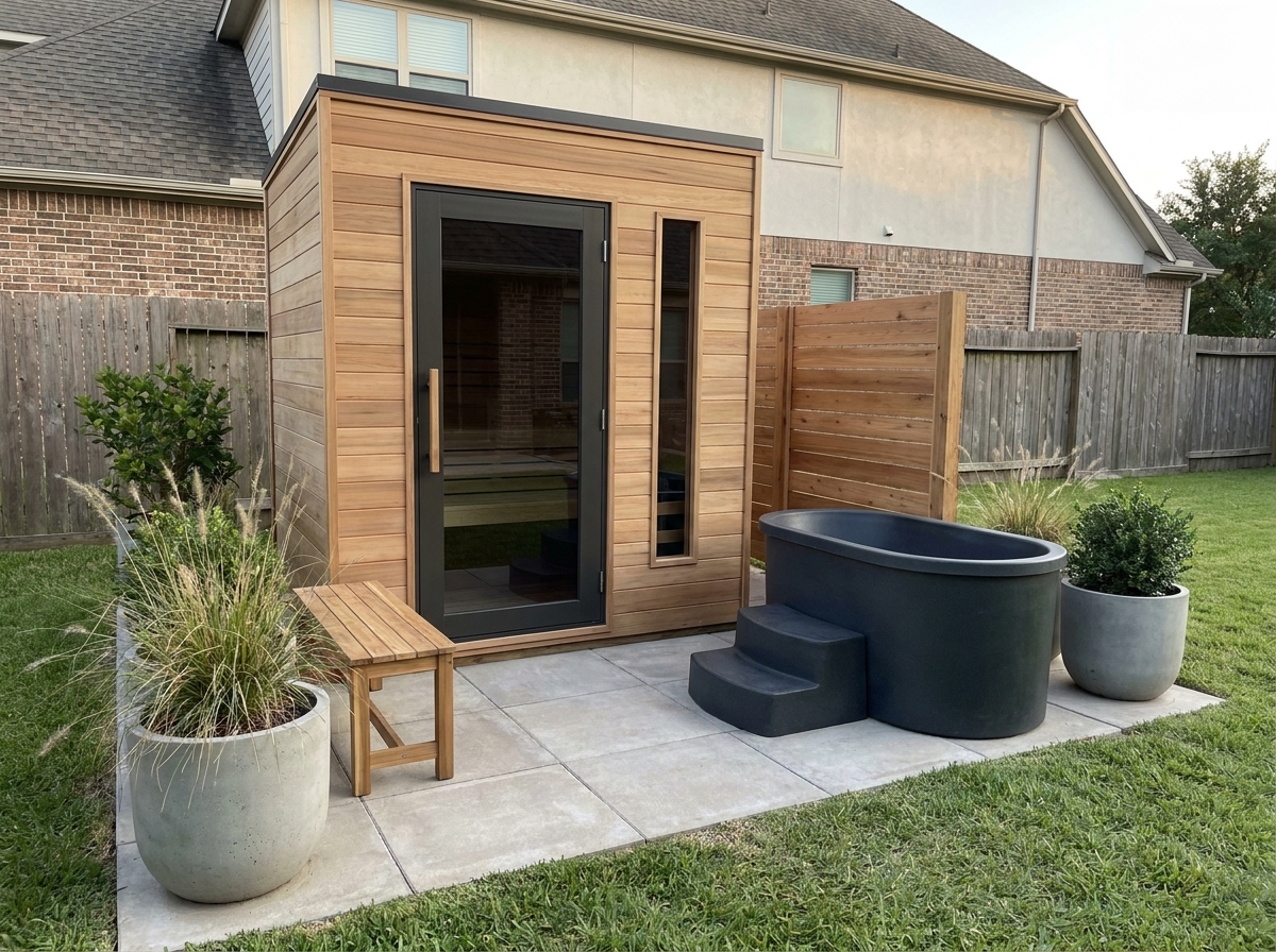 Custom cedar outdoor sauna and black cold plunge installed in a landscaped suburban backyard.