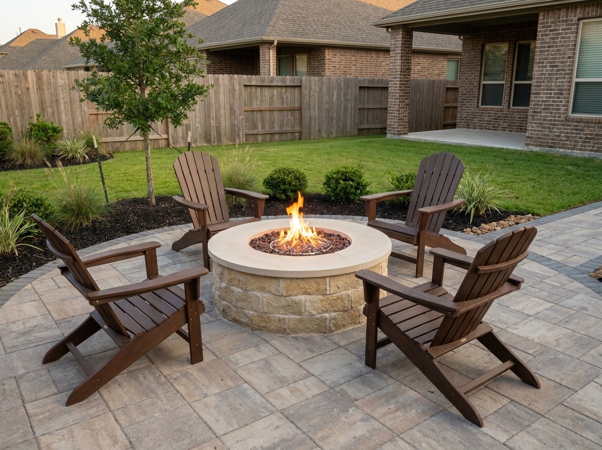Round stone gas fire pit surrounded by four Adirondack chairs on a custom paver patio.