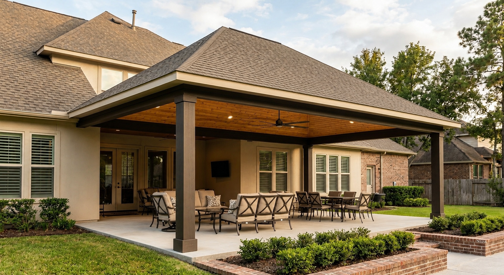 Custom hip roof patio cover attached to a Houston-area home with matching shingles, cedar tongue-and-groove ceiling, wrapped columns, ceiling fan, recessed lights, and finished concrete patio.