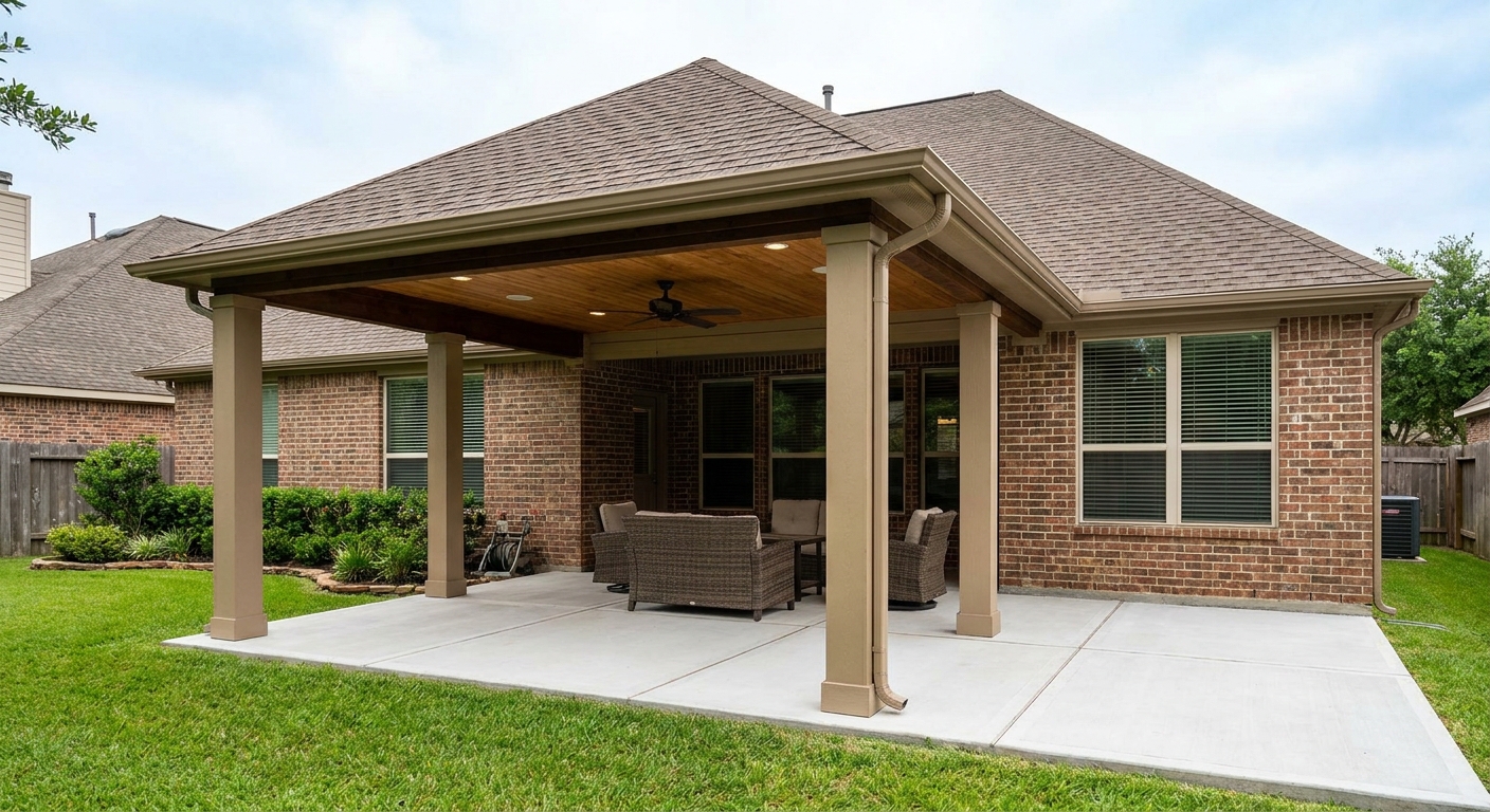 Custom hip roof patio cover attached to a brick Houston-area home with matching shingles, cedar ceiling, wrapped columns, ceiling fan, recessed lights, and concrete patio extension.