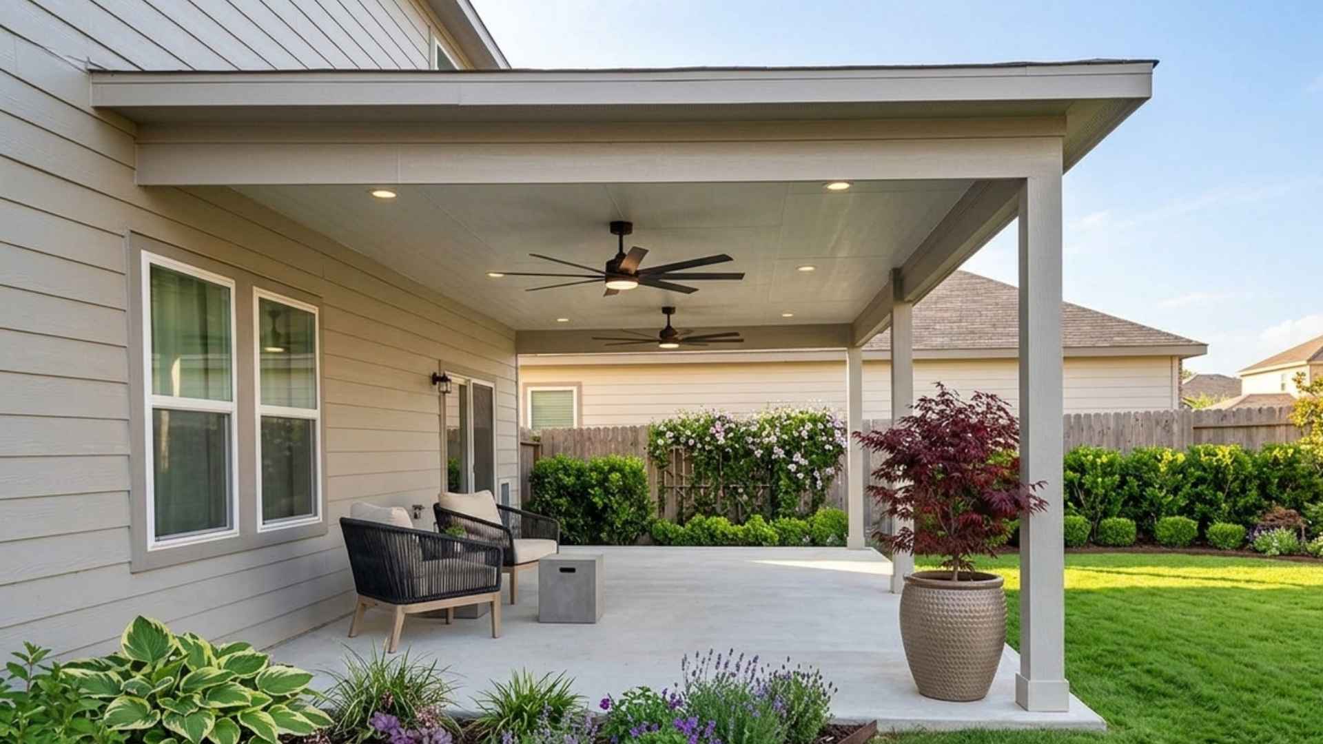 Suburban backyard patio with a hip roof cover, black ceiling fans, modern seating, lush green lawn, and landscaped flower beds with lavender and shrubs.