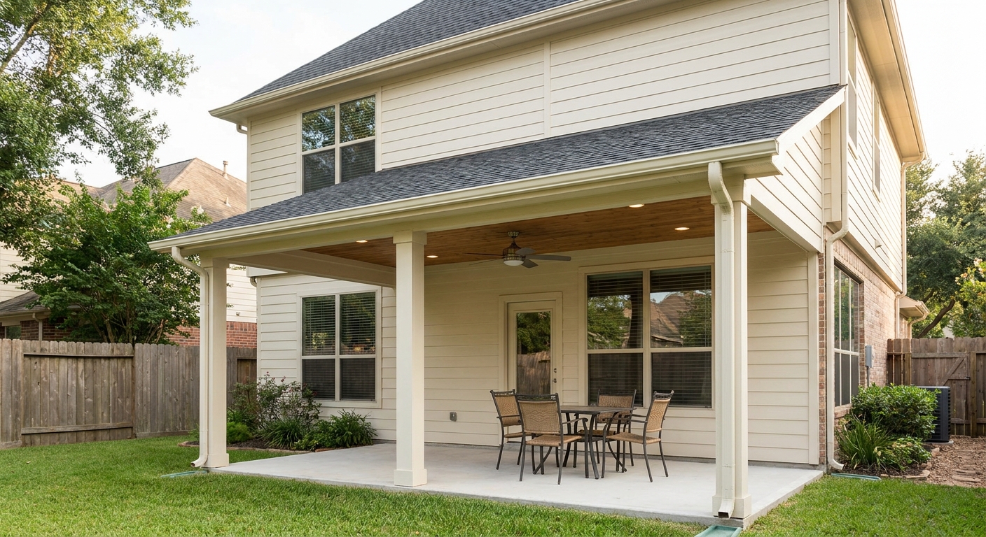 Lean-to patio cover attached to a two-story Houston suburban home with matching shingles, white columns, cedar ceiling, recessed lights, ceiling fan, and concrete patio.