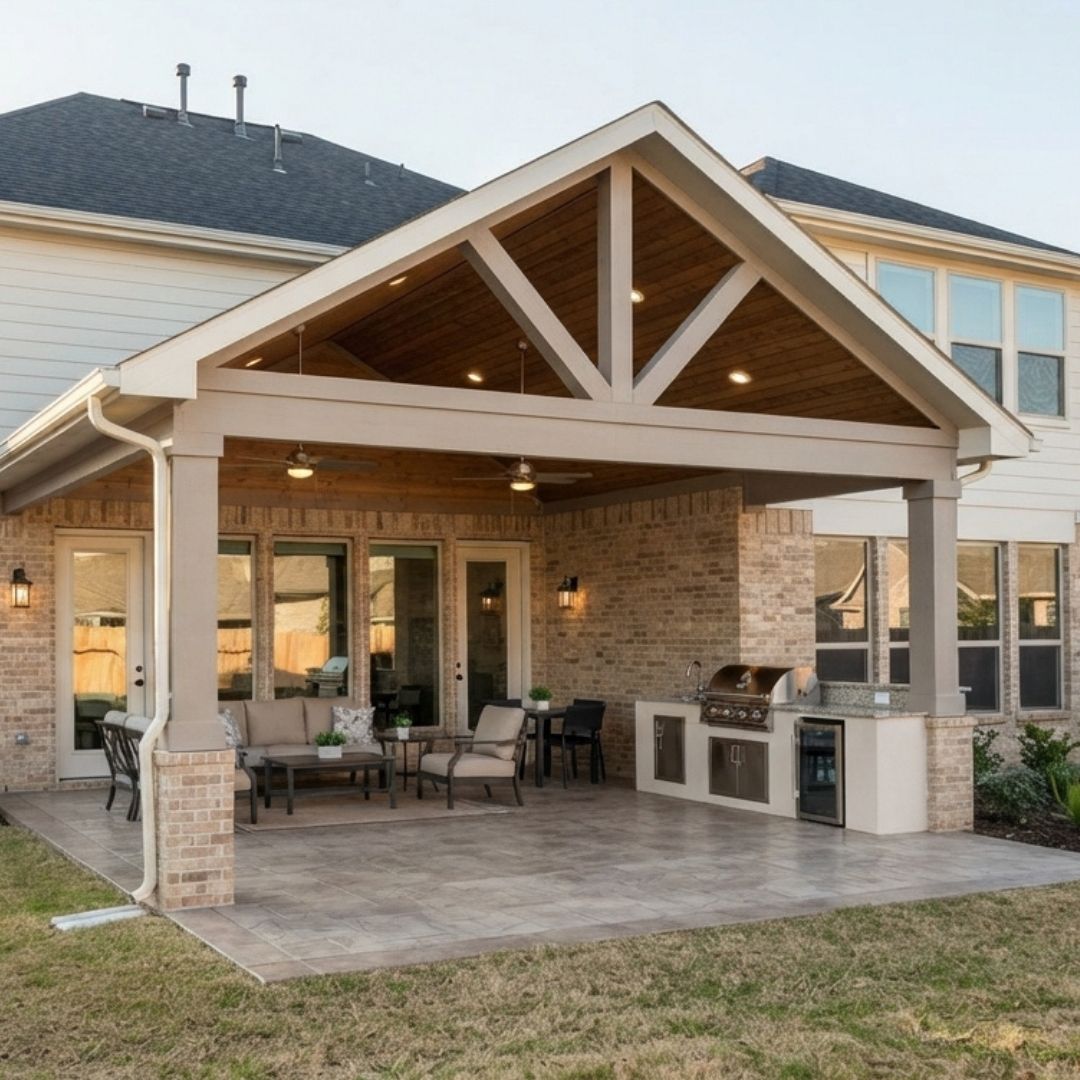Custom gable patio cover with wood accents and built-in outdoor kitchen in Avalon at Cypress backyard