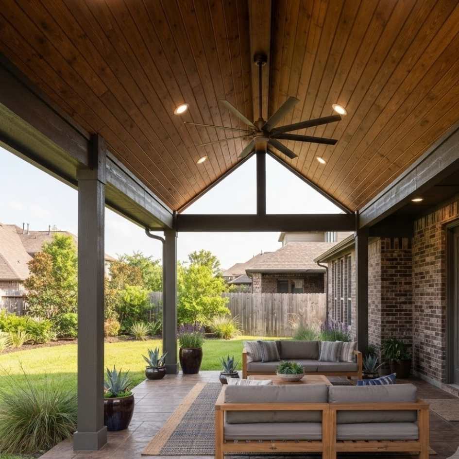 A covered patio with a vaulted wood ceiling, furnished with modern outdoor seating on a stamped concrete floor, looking out to a landscaped backyard.