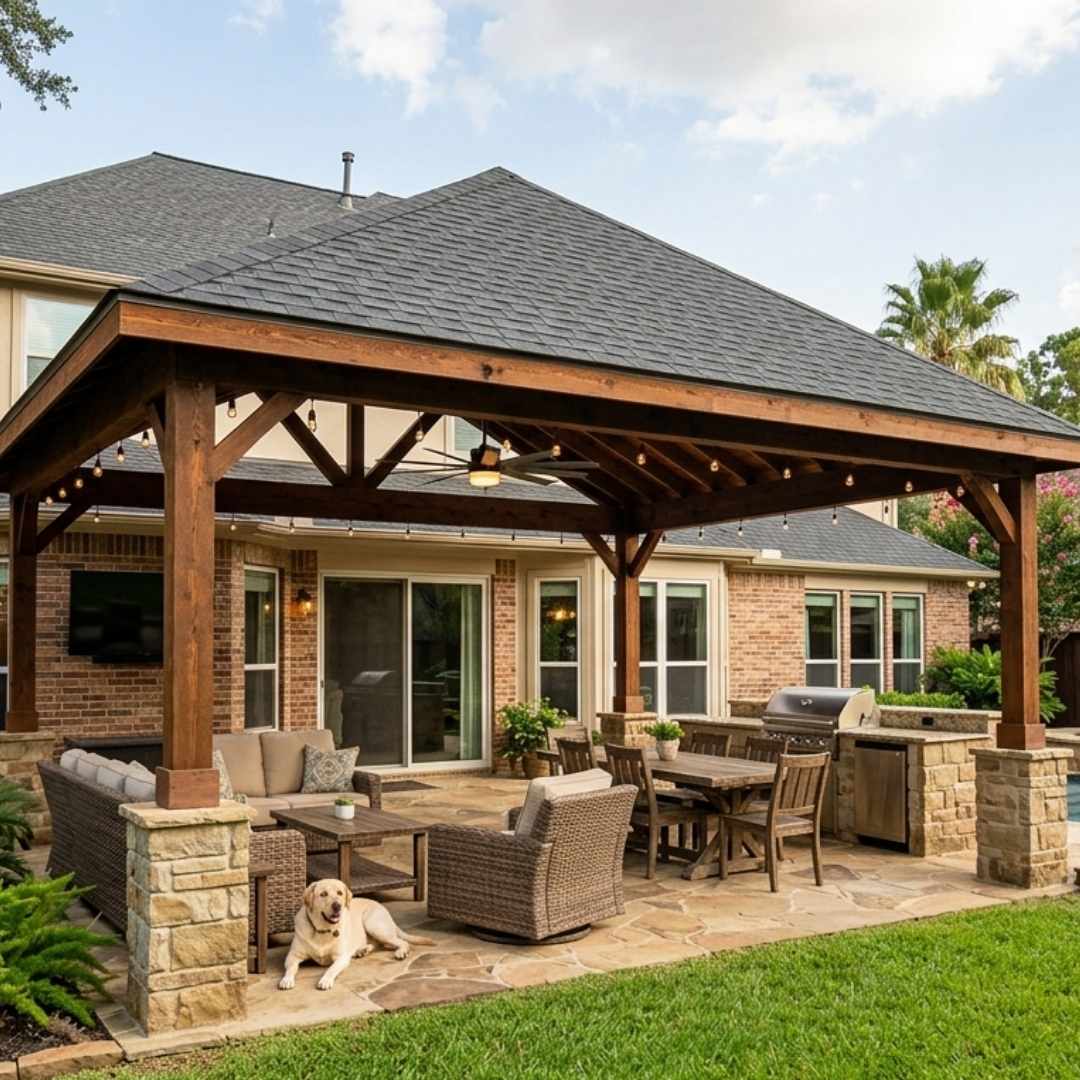 Custom hip roof patio cover in Houston, TX, featuring premium structural engineering and high-end finishes for a luxurious outdoor living space.