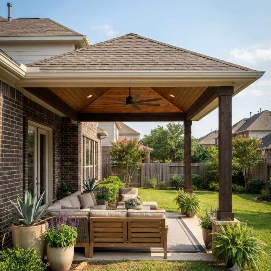 Luxury backyard patio in Katy, TX, featuring a custom hip roof cover built by Iconic Upscale. The structure includes a tongue-and-groove wood ceiling, a ceiling fan, and dark timber posts on stone bases, overlooking a lush lawn with professional landscaping, including large potted agaves and ferns.