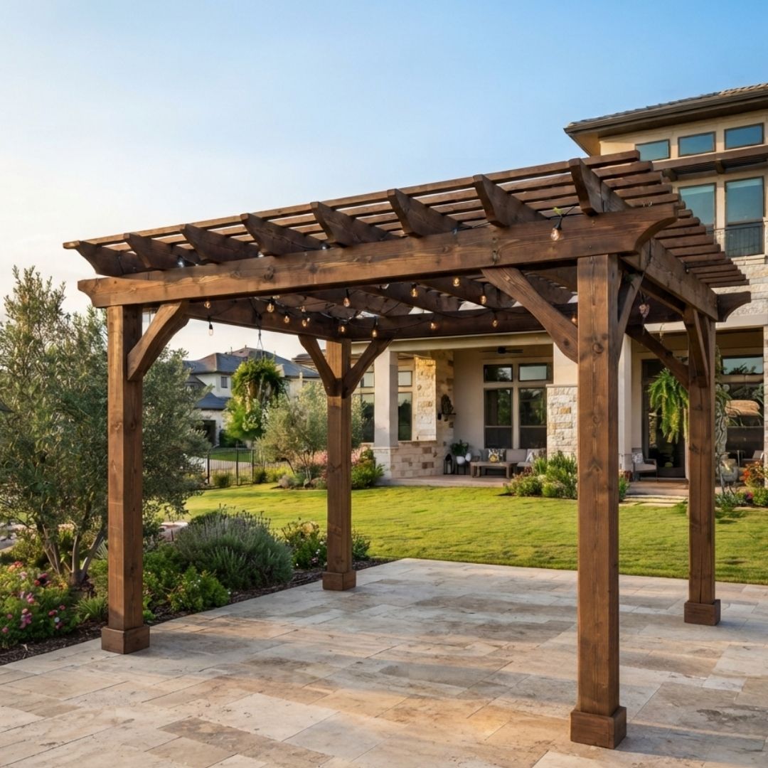 A luxurious backyard patio featuring a large, dark-stained wooden pergola with string lights, set upon a travertine paver floor.