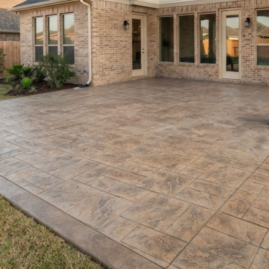 Exterior view of a backyard featuring high-end stamped concrete flooring, imitating natural stone pavers in earth tones, adjacent to a house with a brick facade and French doors.