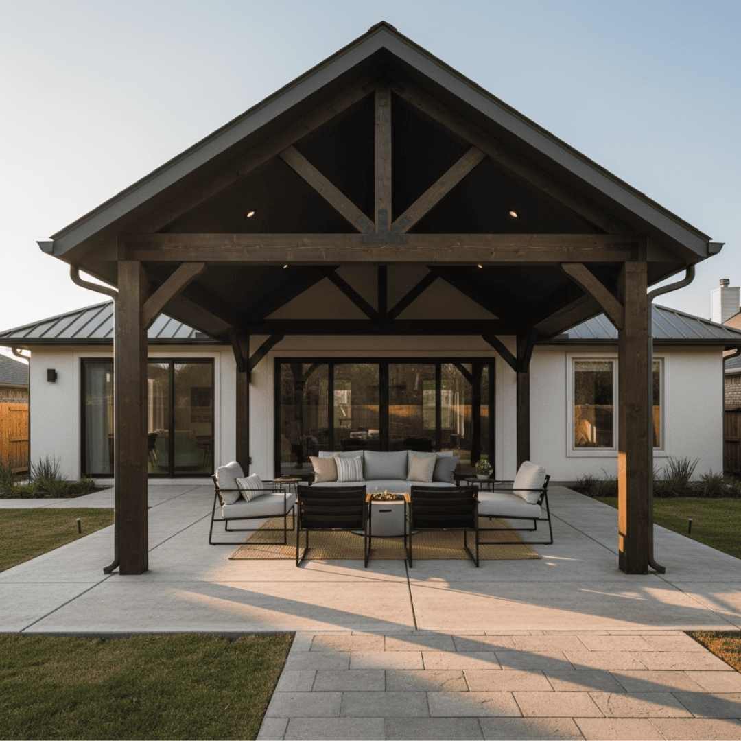 Overlooking a peaceful lake in Towne Lake, Cypress, TX from a spacious, custom-designed paver patio at sunset. Patio Covers in Bridgeland