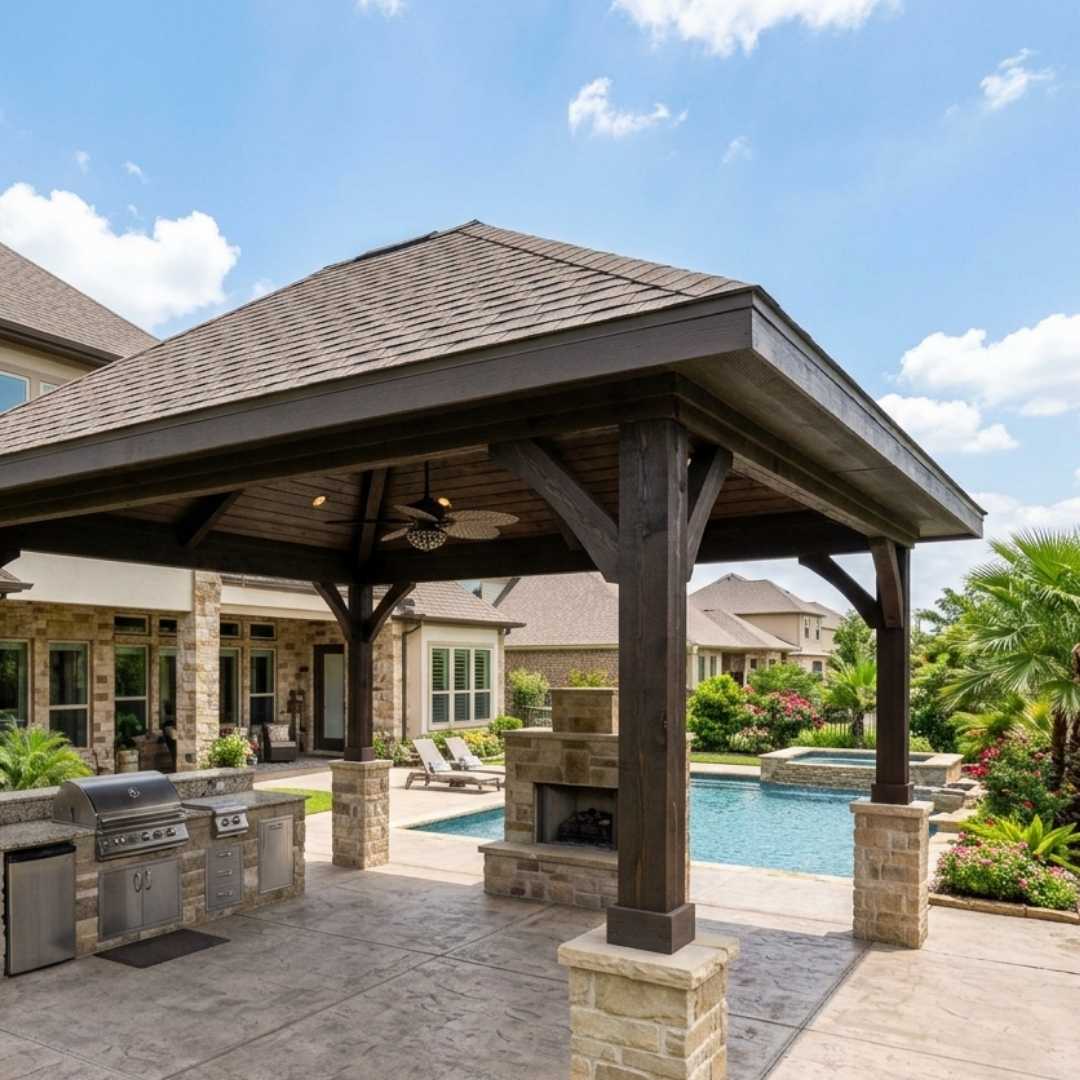 Custom Clean-Line patio cover with a multiwall translucent polycarbonate roof, dark aluminum structure, outdoor ceiling fan, and outdoor kitchen in Bridgestone.