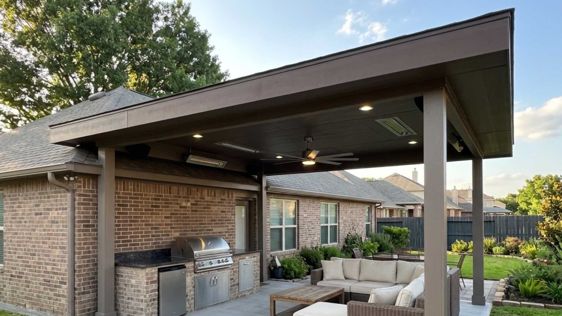 Attached custom luxury patio cover with integrated outdoor kitchen in Cypress