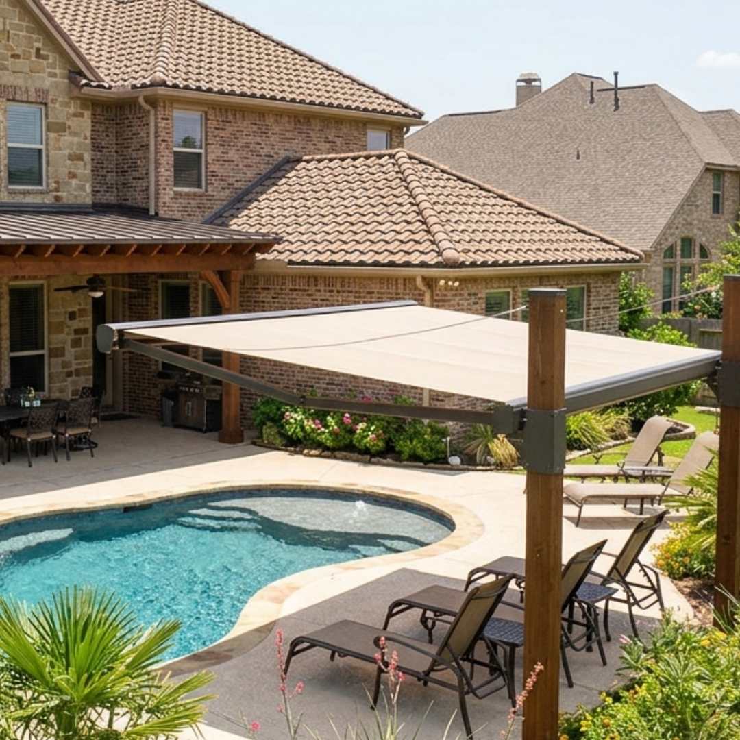 Pool deck shade and patio cover structure in a Cinco Ranch backyard, perfect for Texas outdoor living with a brick home in the background.