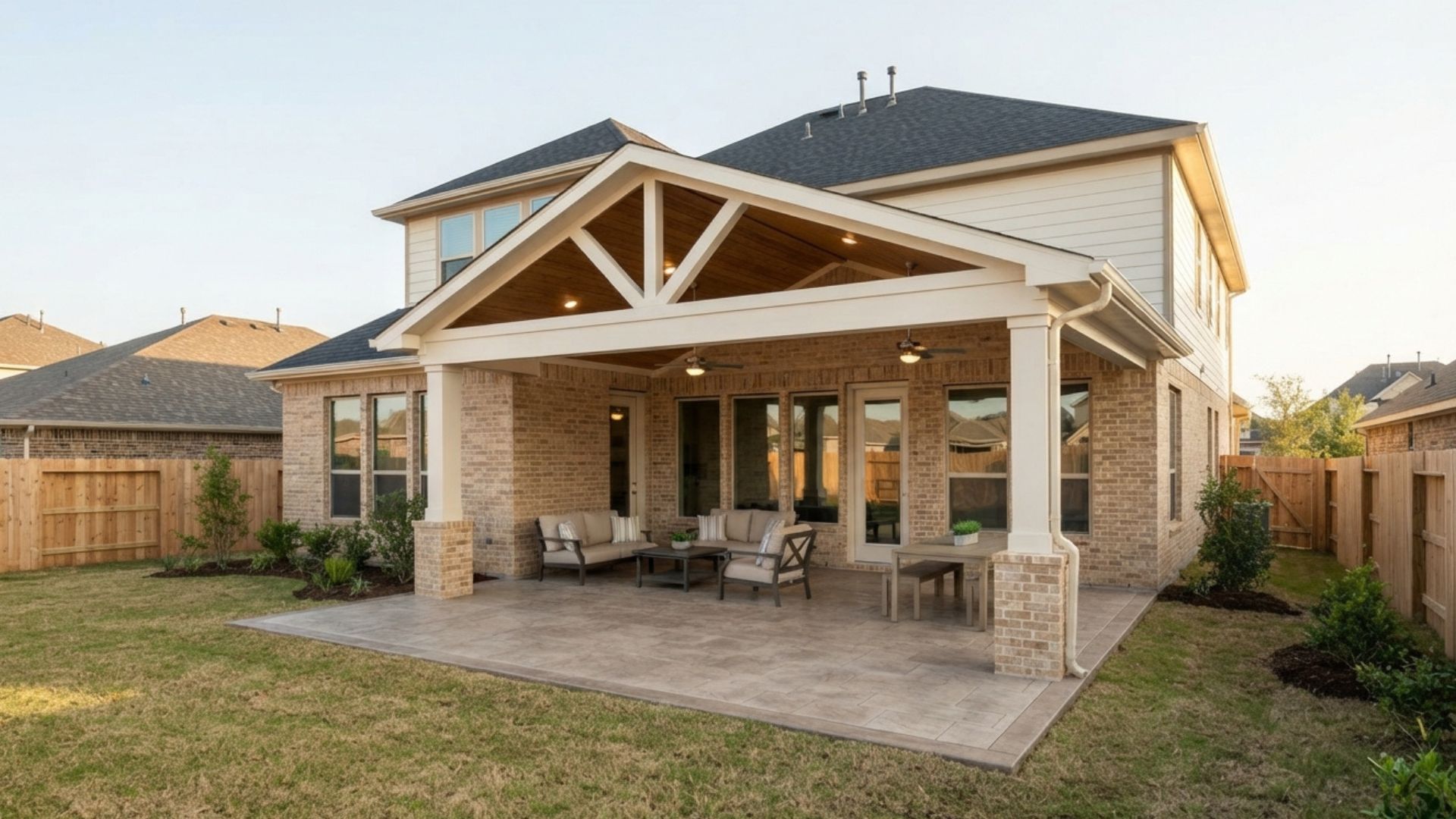 Custom gable patio cover featuring a natural wood-accented ceiling, recessed lighting, and ceiling fans, paired with a complete outdoor kitchen and extended stamped concrete patio in an Avalon at Cypress backyard.