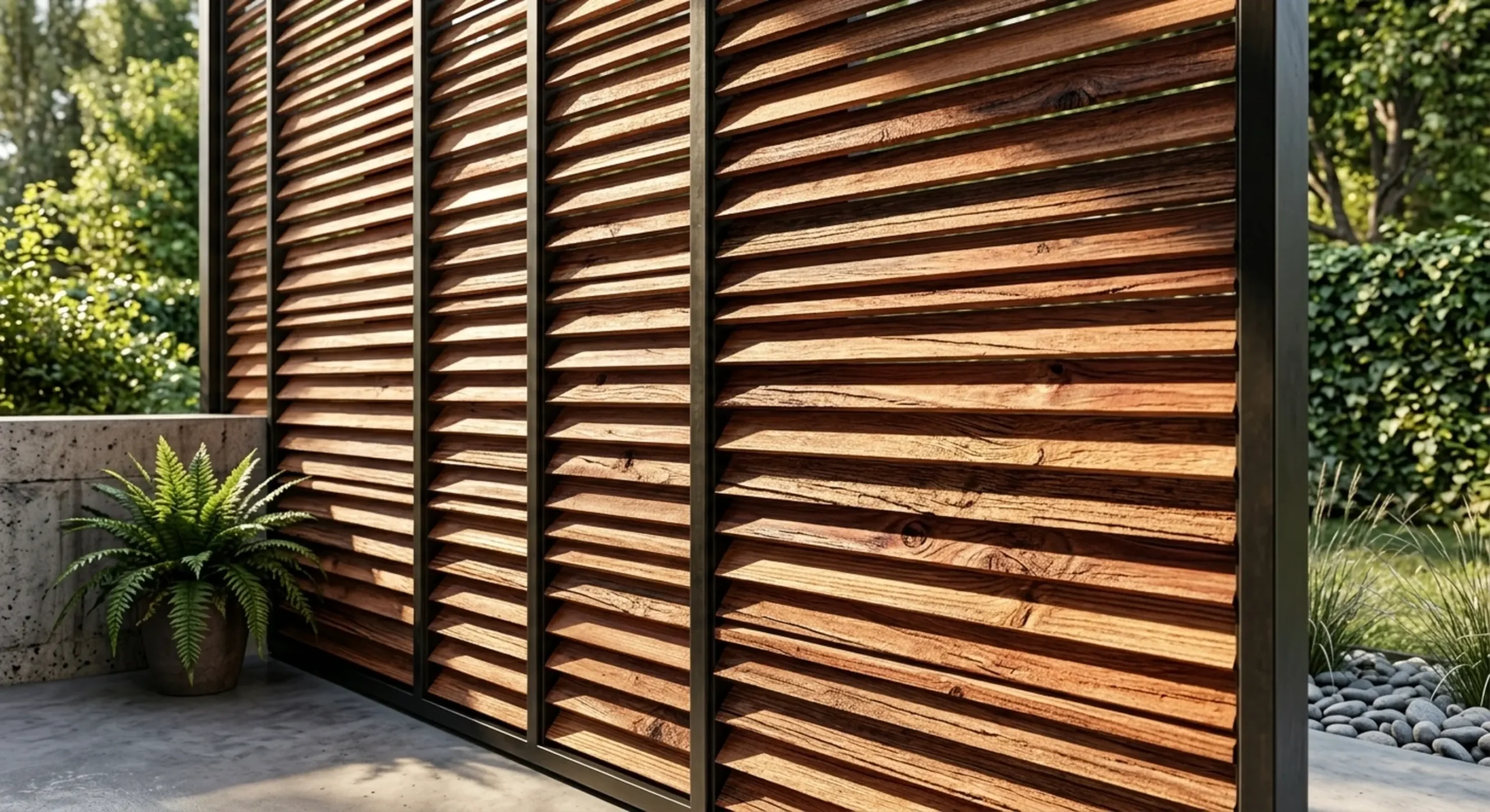 Close-up of horizontal cedar wood privacy screen slats with rich natural grain and subtle shadow accents.