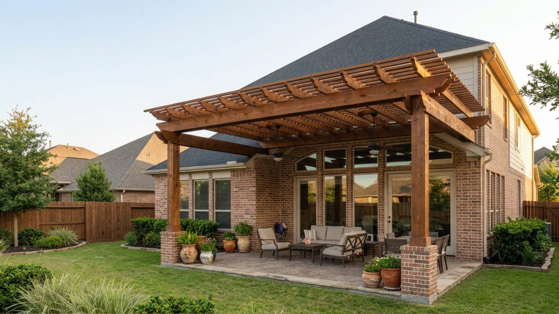 custom wooden pergola providing shade for an outdoor seating area decorated