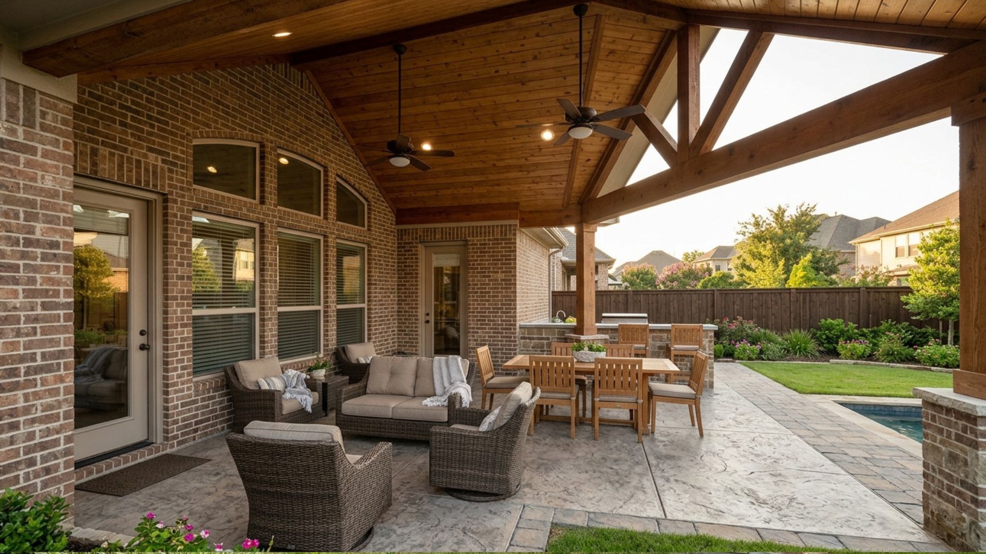 Luxury rustic covered patio featuring a stone fireplace, extensive outdoor kitchen, and exposed wood ceiling in a Cypress Creek Lakes home.