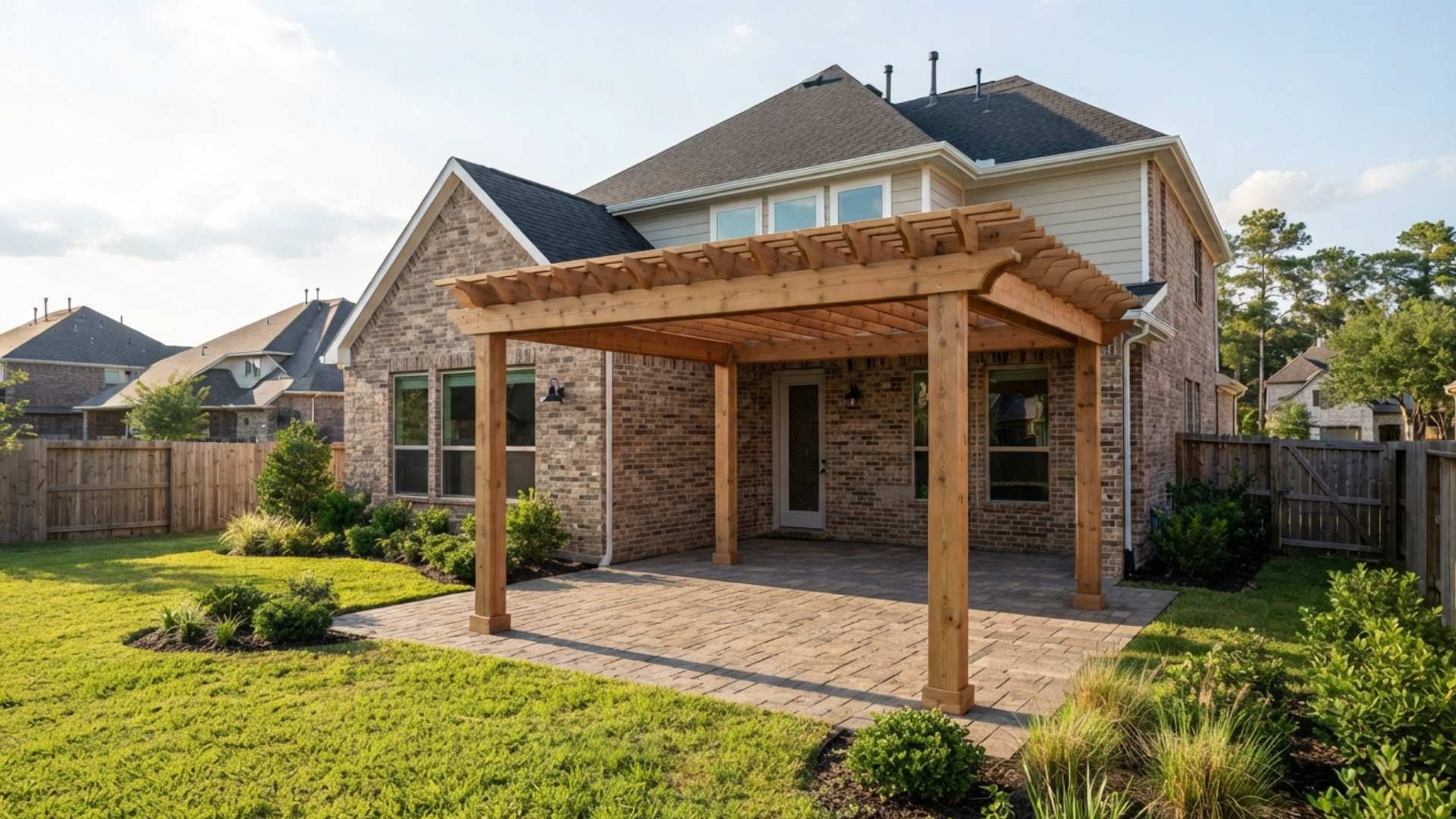 Custom wooden pergola built over a stone paver patio in the backyard of a brick home in Katy, Texas.