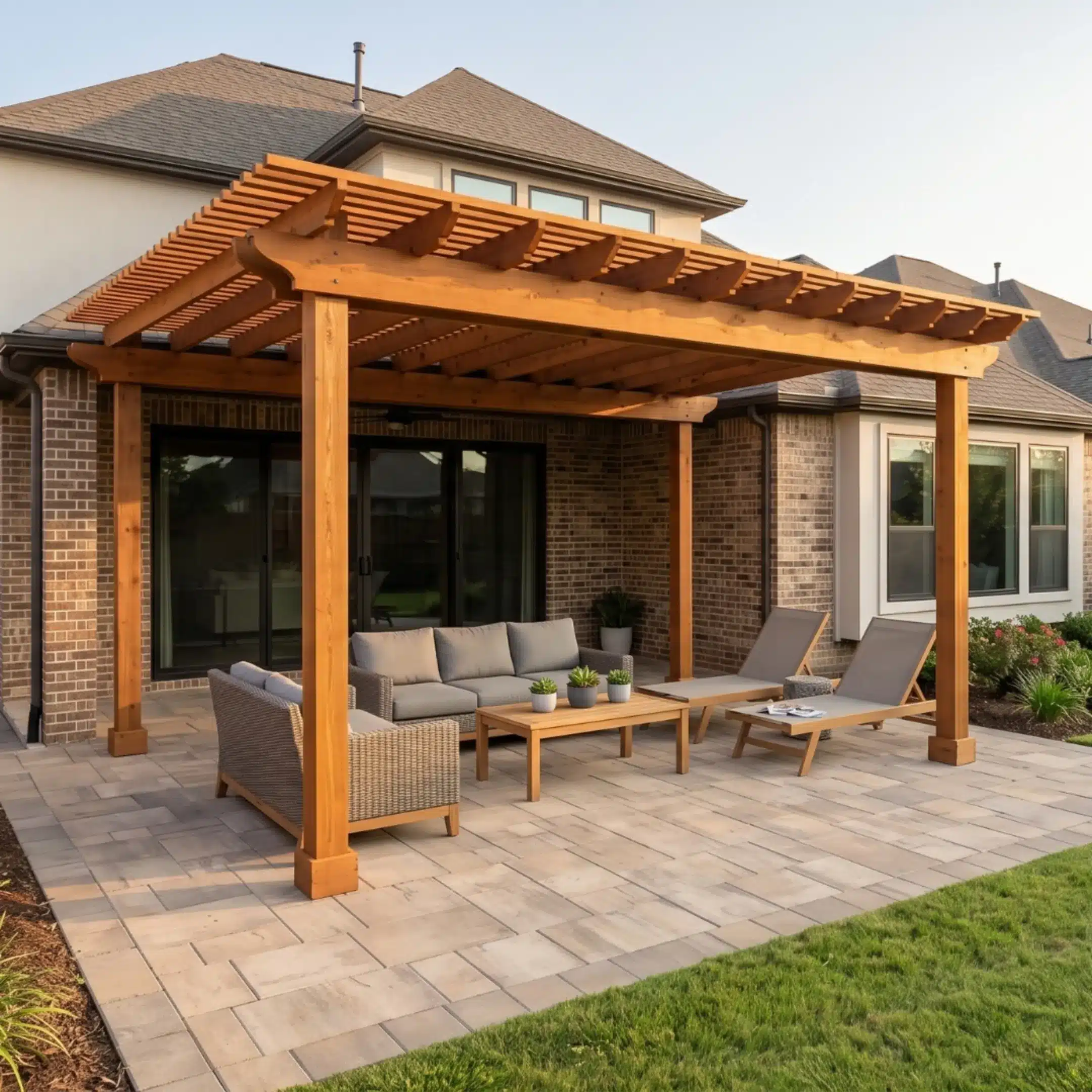 Custom-built wooden pergola and paver patio installation in Cypress TX, featuring high-end outdoor furniture and backyard landscaping.
