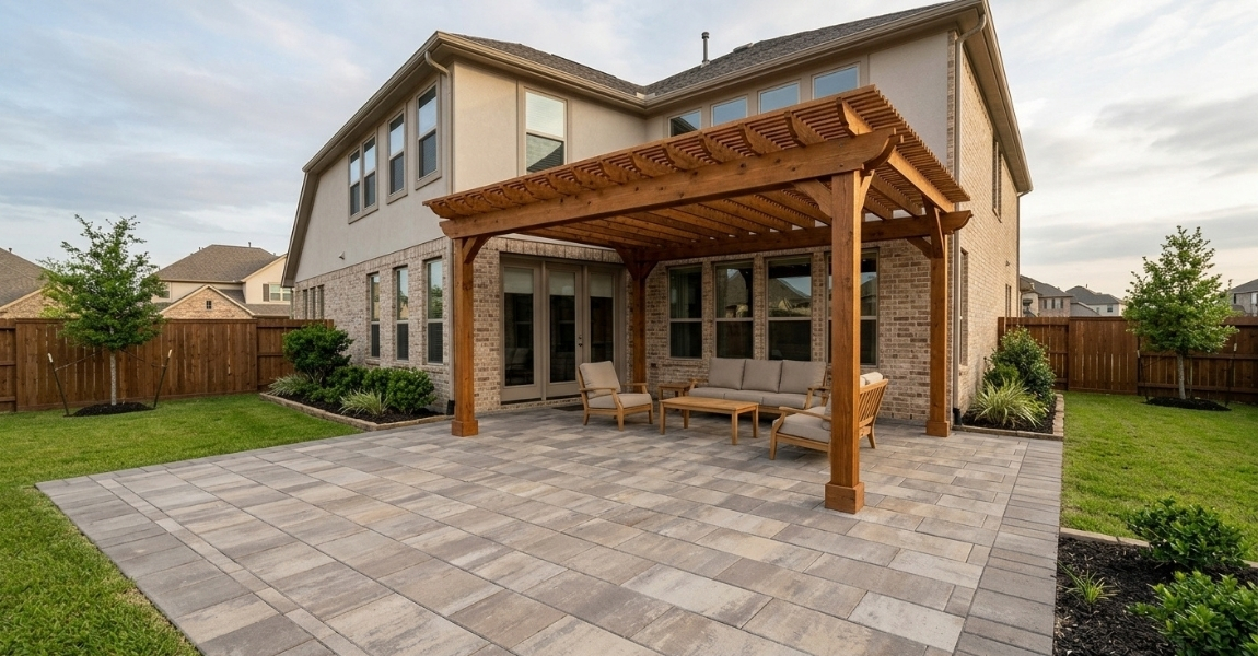 Custom wooden pergola on a modern stone paver patio in Cypress TX