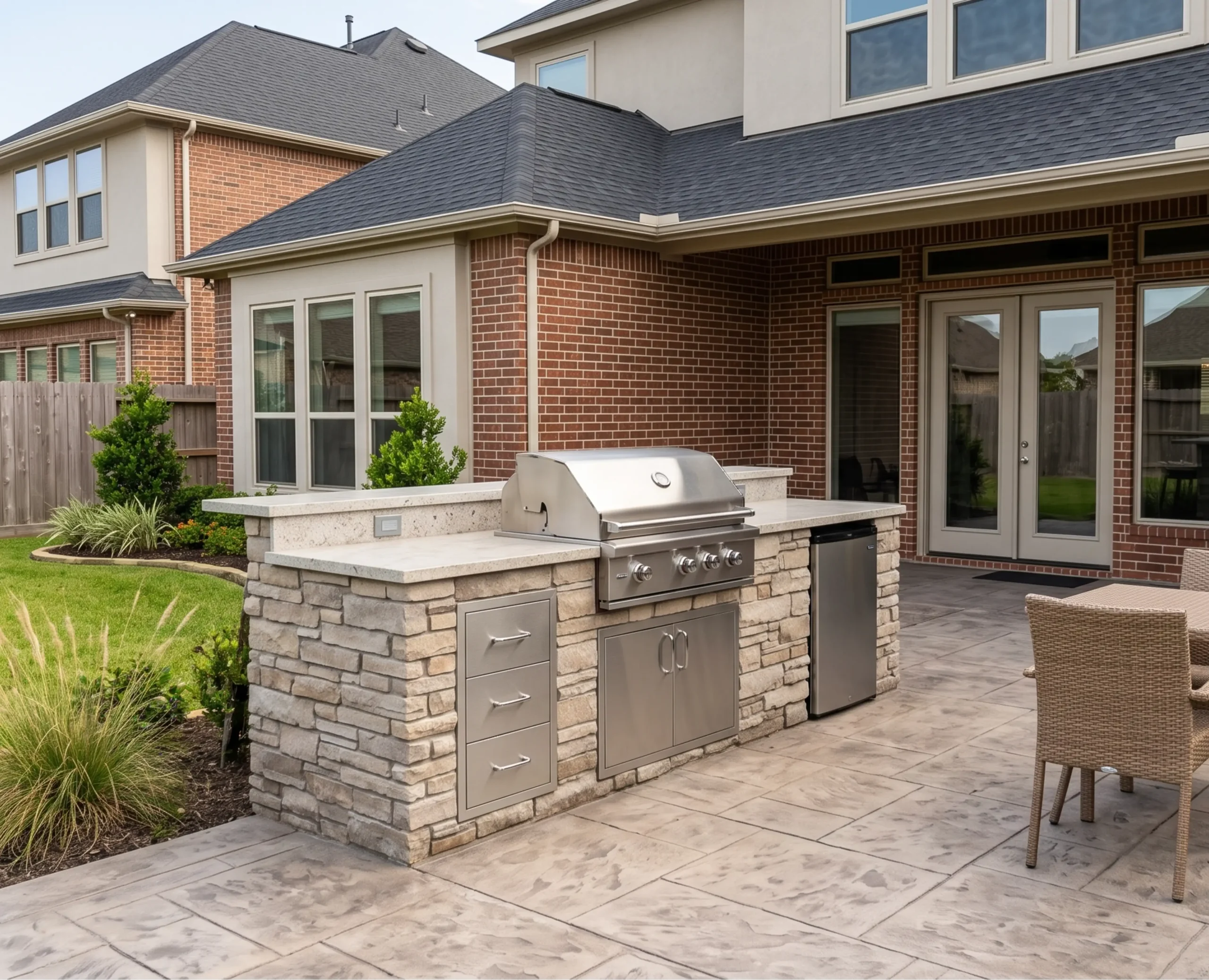 Greater Houston backyard featuring a compact custom grill island