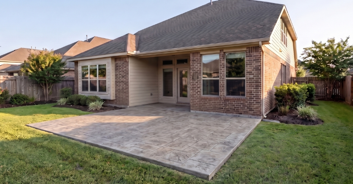 High-quality stamped concrete installation, decorative patio design with ashlar slate pattern, residential landscaping.
