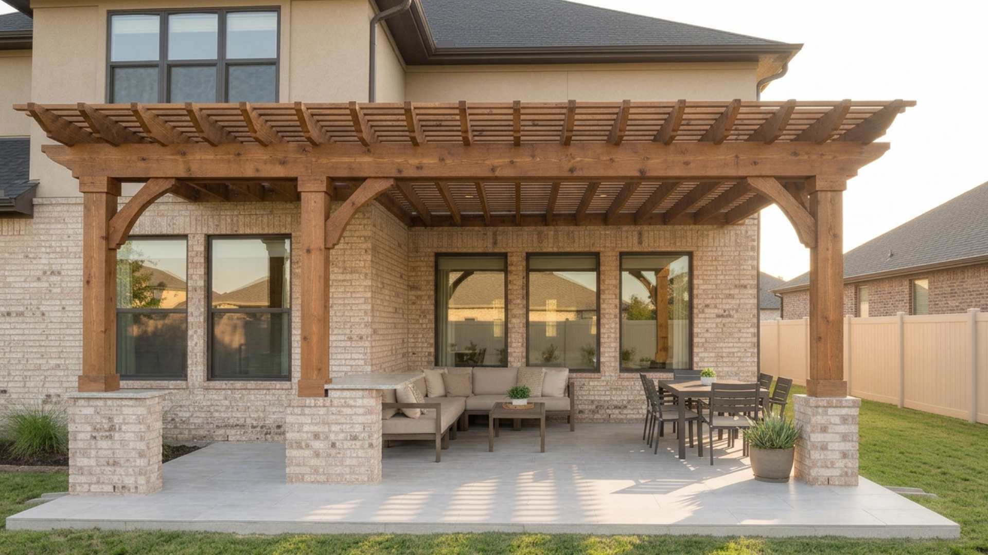 Custom heavy-timber wood pergola covering a complete outdoor living space in Elyson