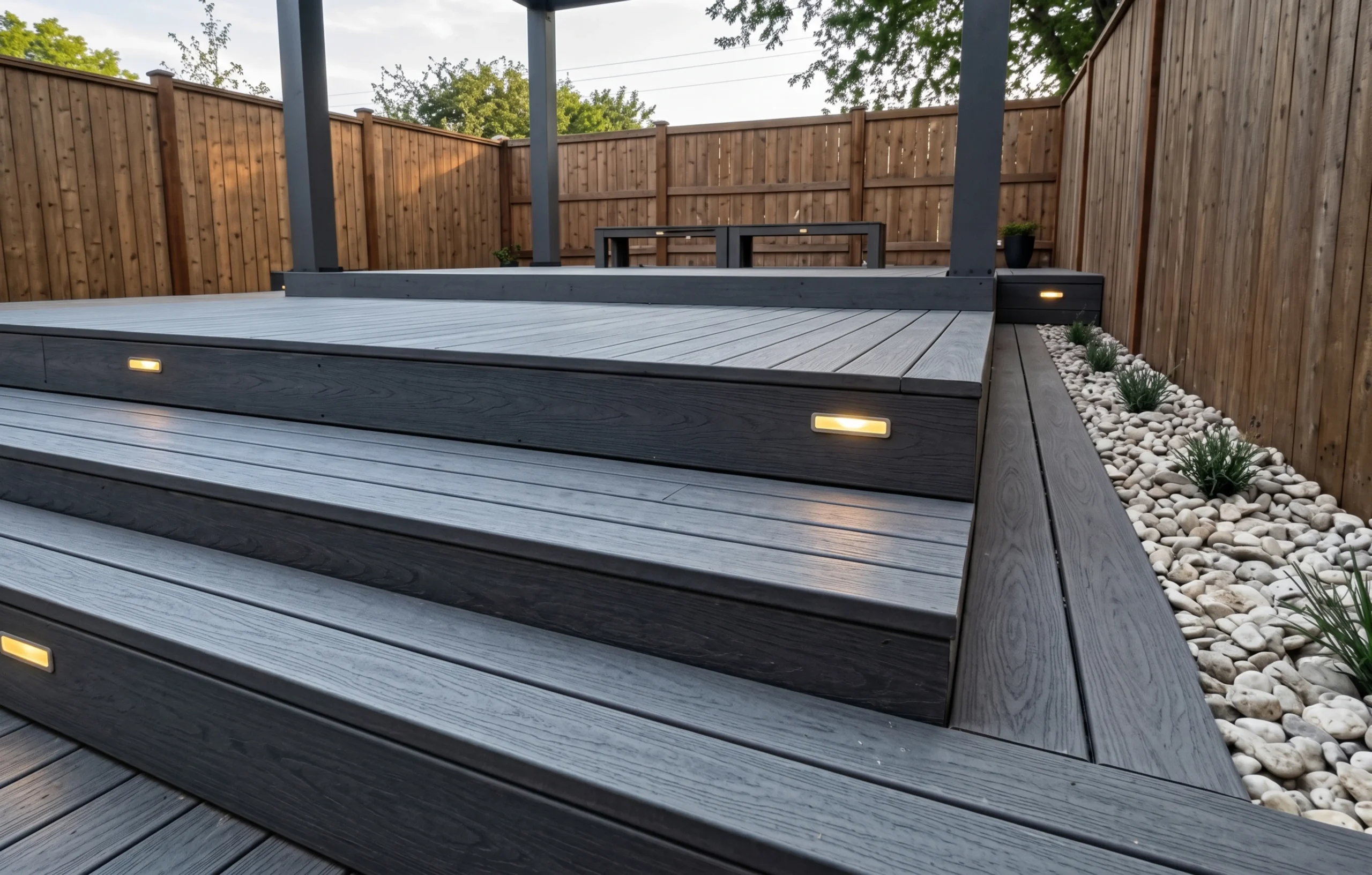 Upgrade your outdoor space with durable multi-tiered composite deck steps featuring warm LED riser lights, a custom pergola structure, and a rustic wooden privacy fence.