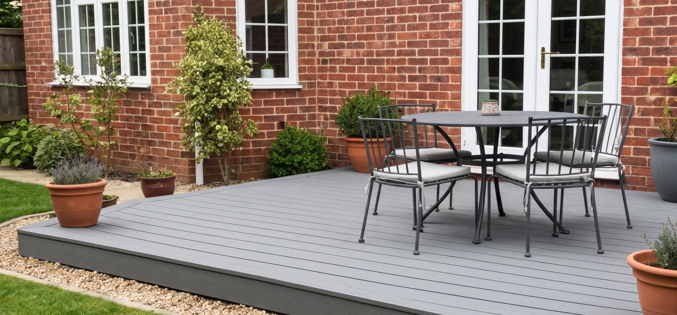 Upgrade your backyard with low-maintenance grey composite decking, framed by gravel borders, terracotta planters, and a classic red brick house facade.