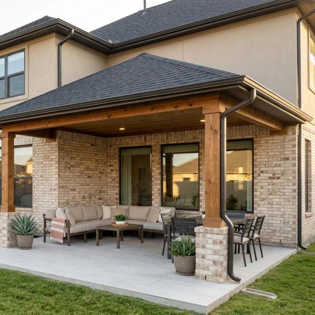 Modern covered patio extension with cedar post supports, stone base columns, outdoor seating area, and dining setup on a new-build home.
