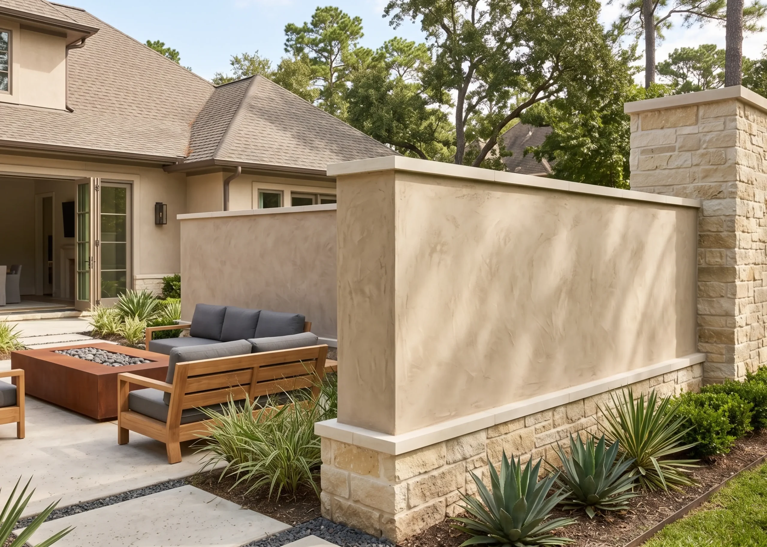 solid privacy walls built with stucco and masonry for durability